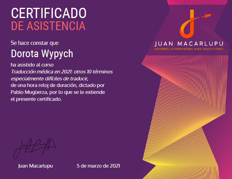 certyfikat uczestnictwa w szkoleniu z tłumacze medycznych angielski-hiszpański
