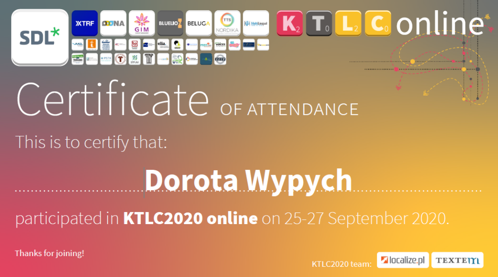 certyfikat uczestnictwa w konferencji tłumaczeniowej KTLC2020; rozwój zawodowy